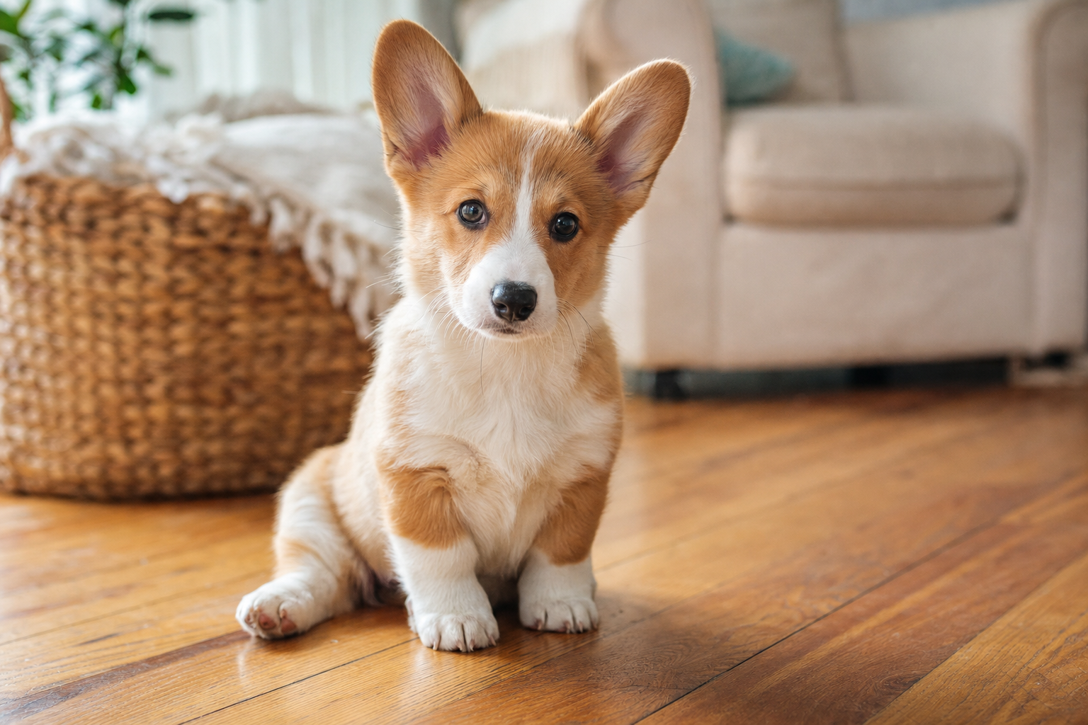Chiot corgi Pembroke fauve et blanc assis dans un intérieur familial chaleureux