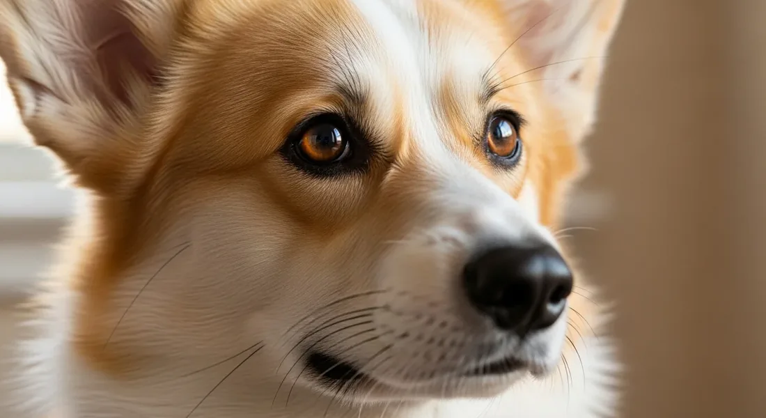 Portrait rapproché d'un corgi Pembroke, expression vive et attentive, grandes oreilles dressées