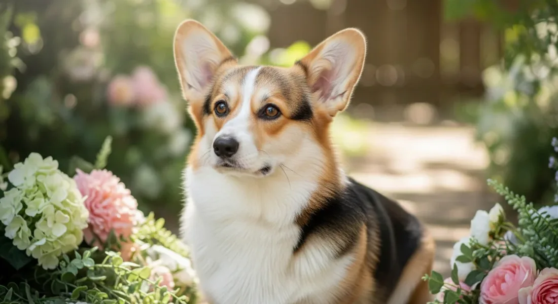 Corgi Pembroke à robe tricolore noir et feu marquée de blanc, assis dans un jardin