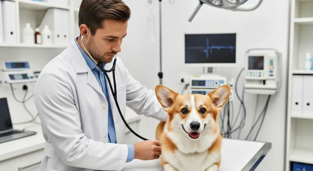 Corgi Pembroke examiné par un vétérinaire lors d'une consultation de contrôle